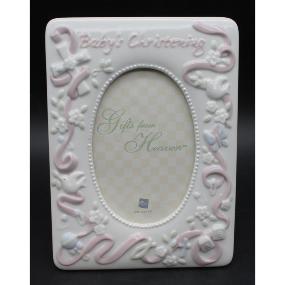 Russ Baby Christening Gifts from Heaven Ceramic Picture Frame White Pink 3.5x5